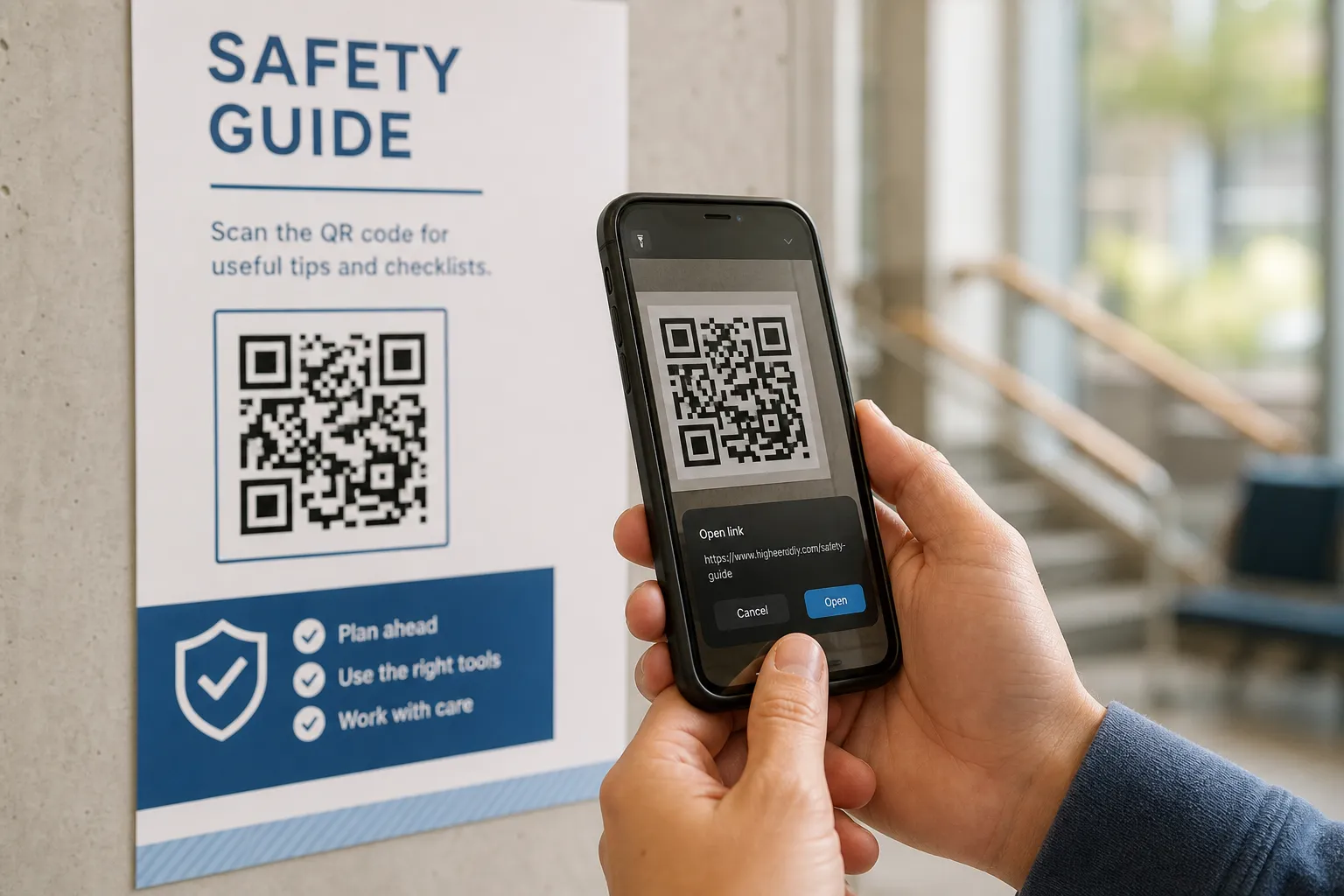 A phone camera preview showing a QR-code link's full domain, with the reader pausing to read the address before opening it.