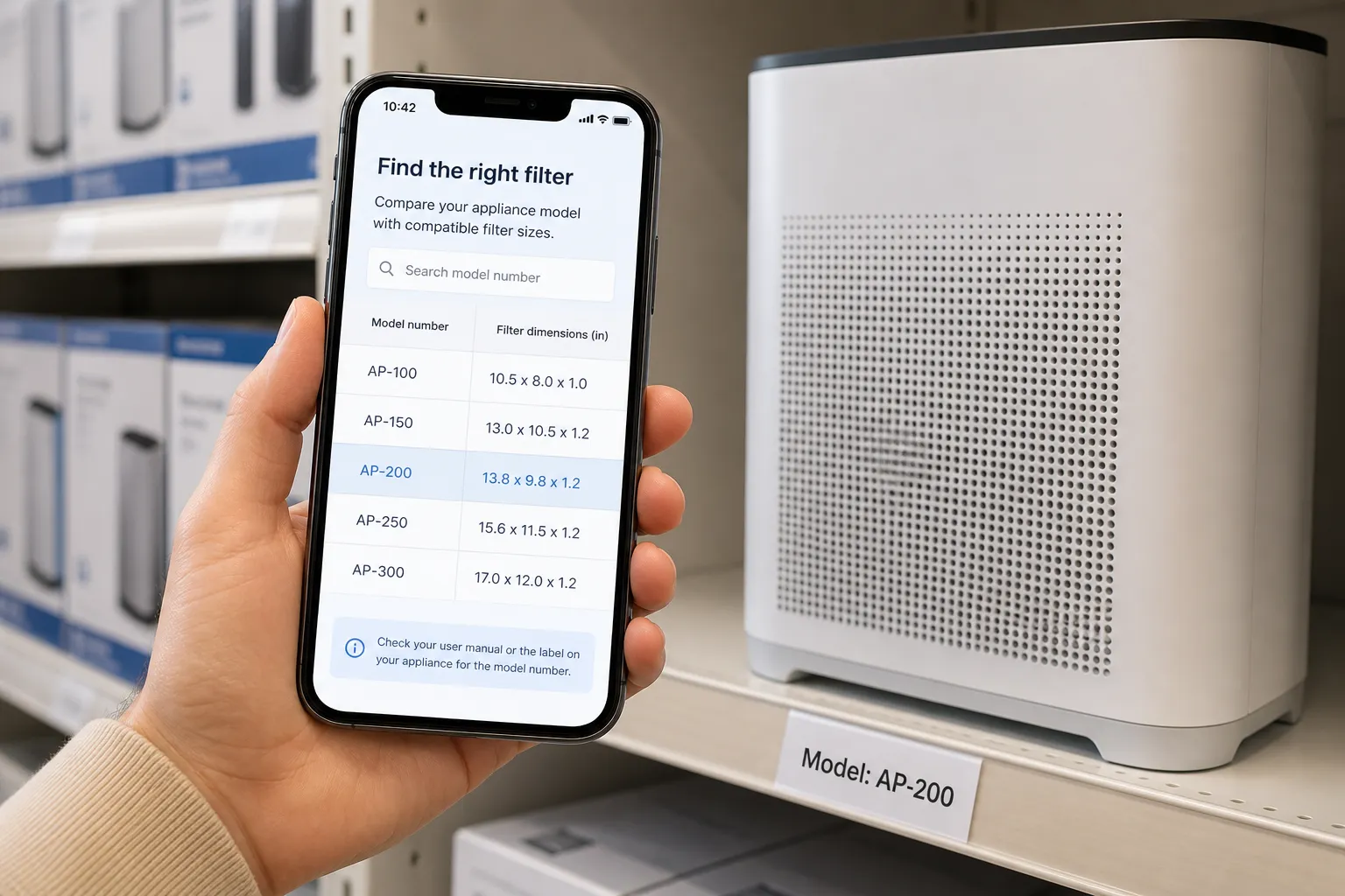 A phone showing a focused mobile comparison table of appliance models and filter dimensions, held in front of the matching shelf product.