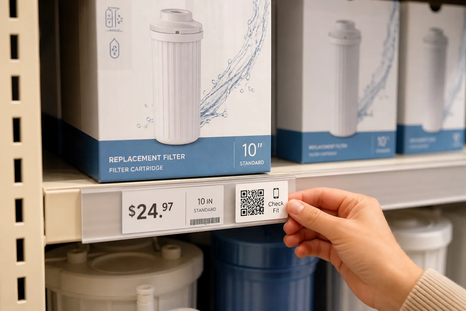 A shelf edge with a filter product, its price and size clearly printed, and a small labelled QR code offering a compatibility table.