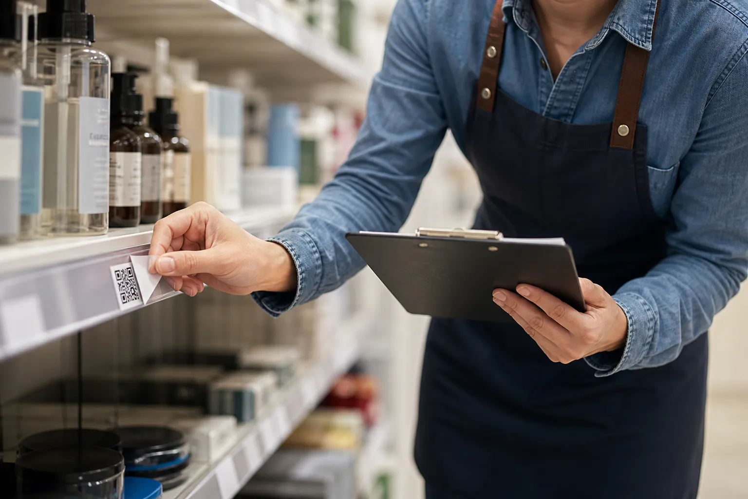 Store staff inspecting a shelf-edge QR code for an added sticker during a routine aisle walk-round.