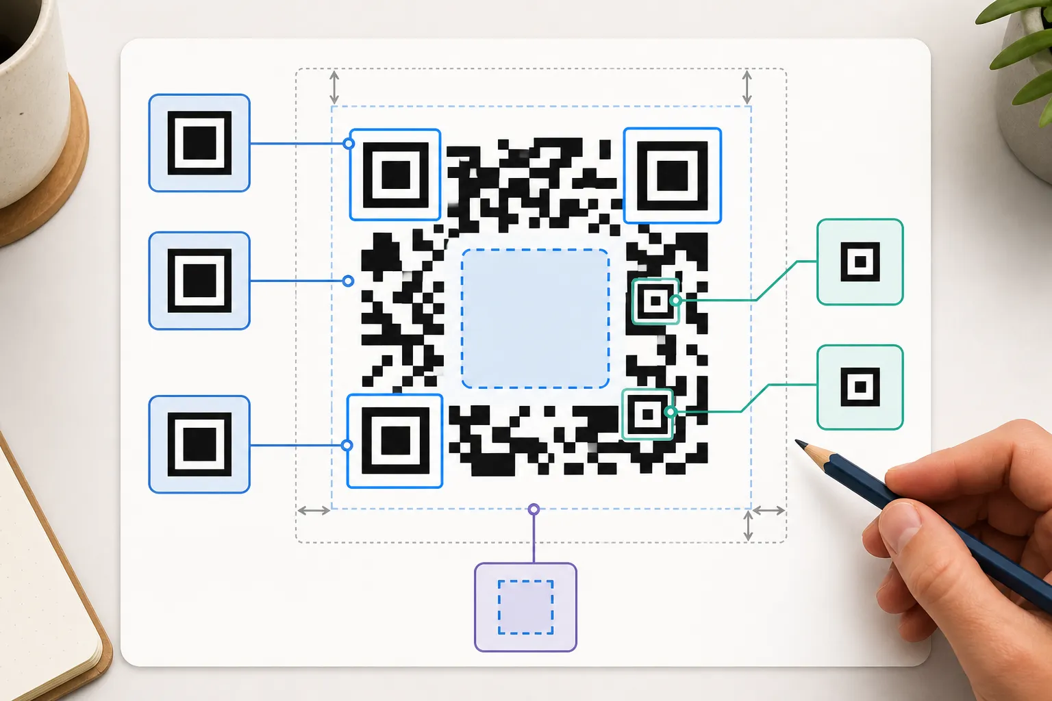 A labeled diagram of a QR code marking the three corner finder squares, the alignment patterns, the quiet zone, and the safe center region for a logo.