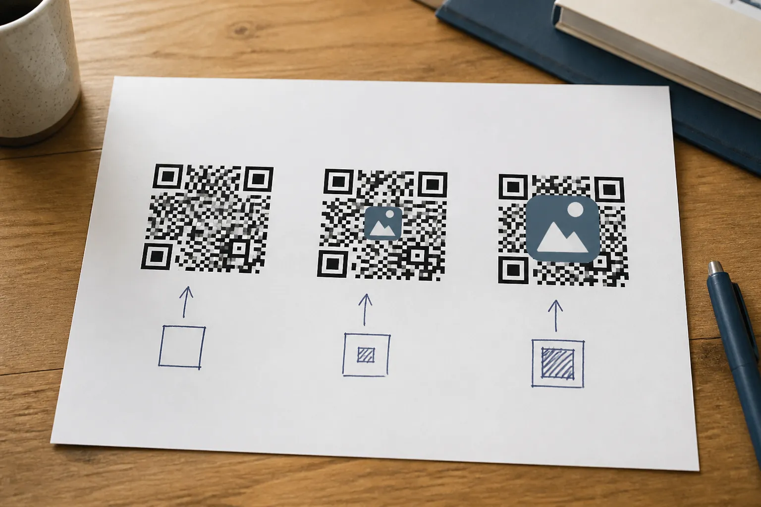 Three versions of the same QR code side by side: plain, a modest 20 percent center logo, and an oversized logo, with handwritten test notes beside each.