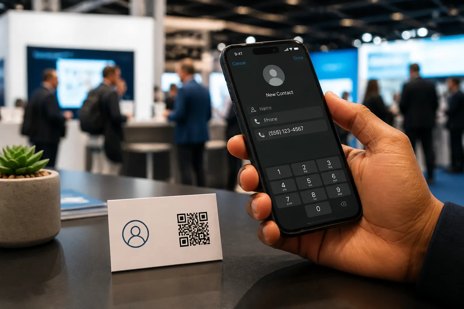 A person scanning a printed business card QR code, with a save-contact prompt appearing on the phone.