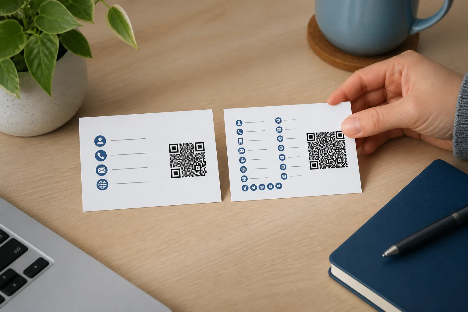 A comparison of two vCard designs, one sparse with four contact fields and one overloaded with many fields producing a much denser QR grid.