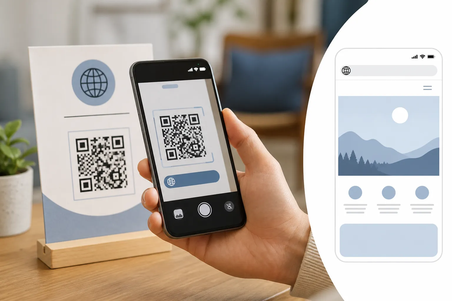 A hand scanning a printed sign on mobile data, the phone showing the correct URL in the camera preview and a clean mobile page loading.