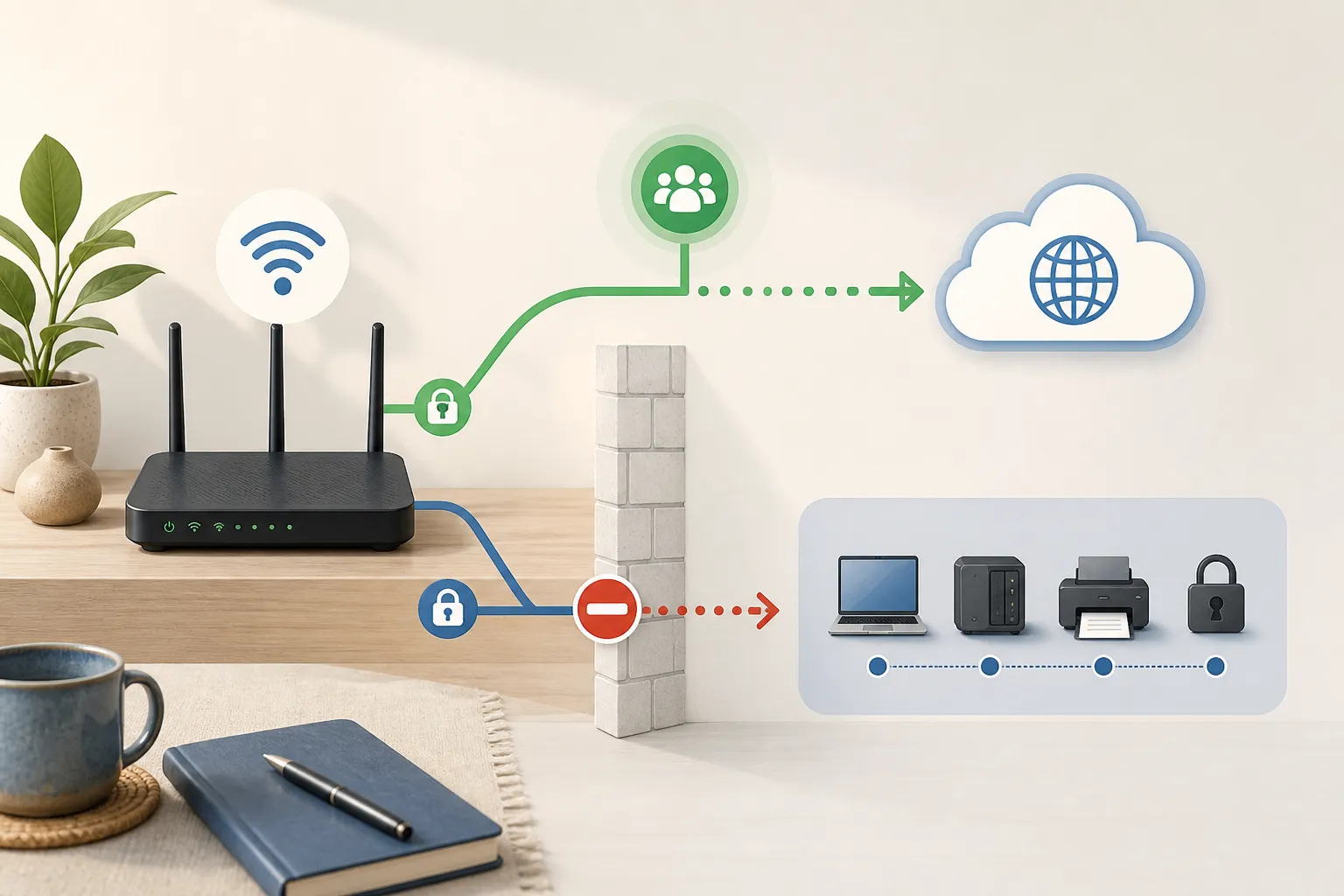 A simple diagram showing a guest network with internet access walled off from private devices, storage, and admin panels.