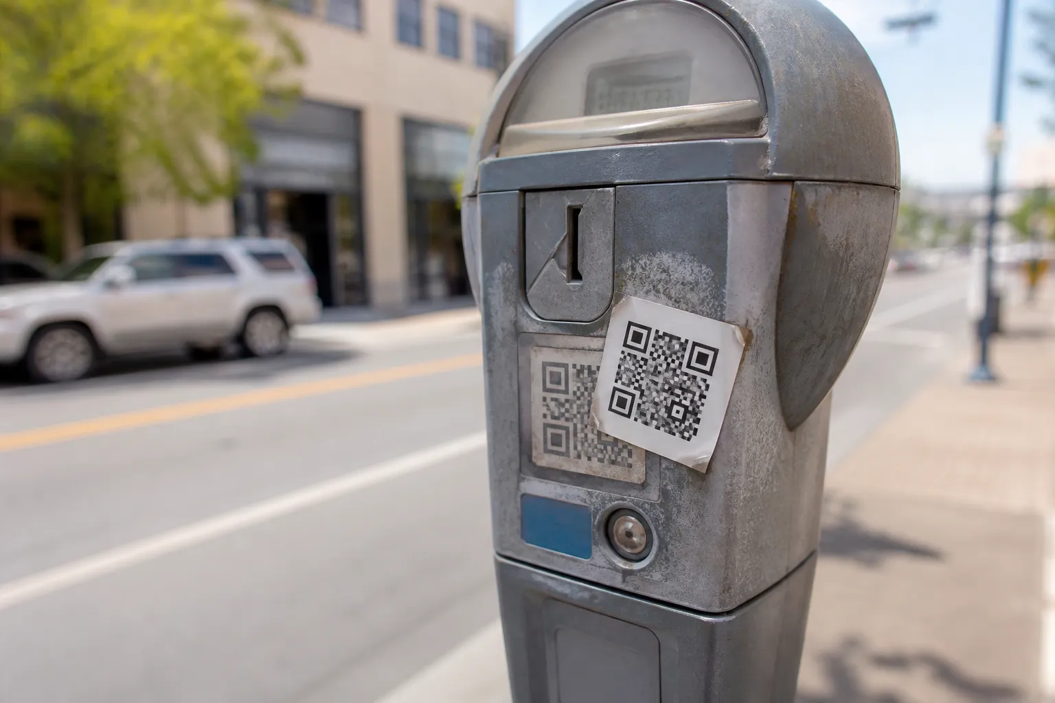 A weathered parking meter with a fresh QR sticker pasted crookedly over the original printed code.