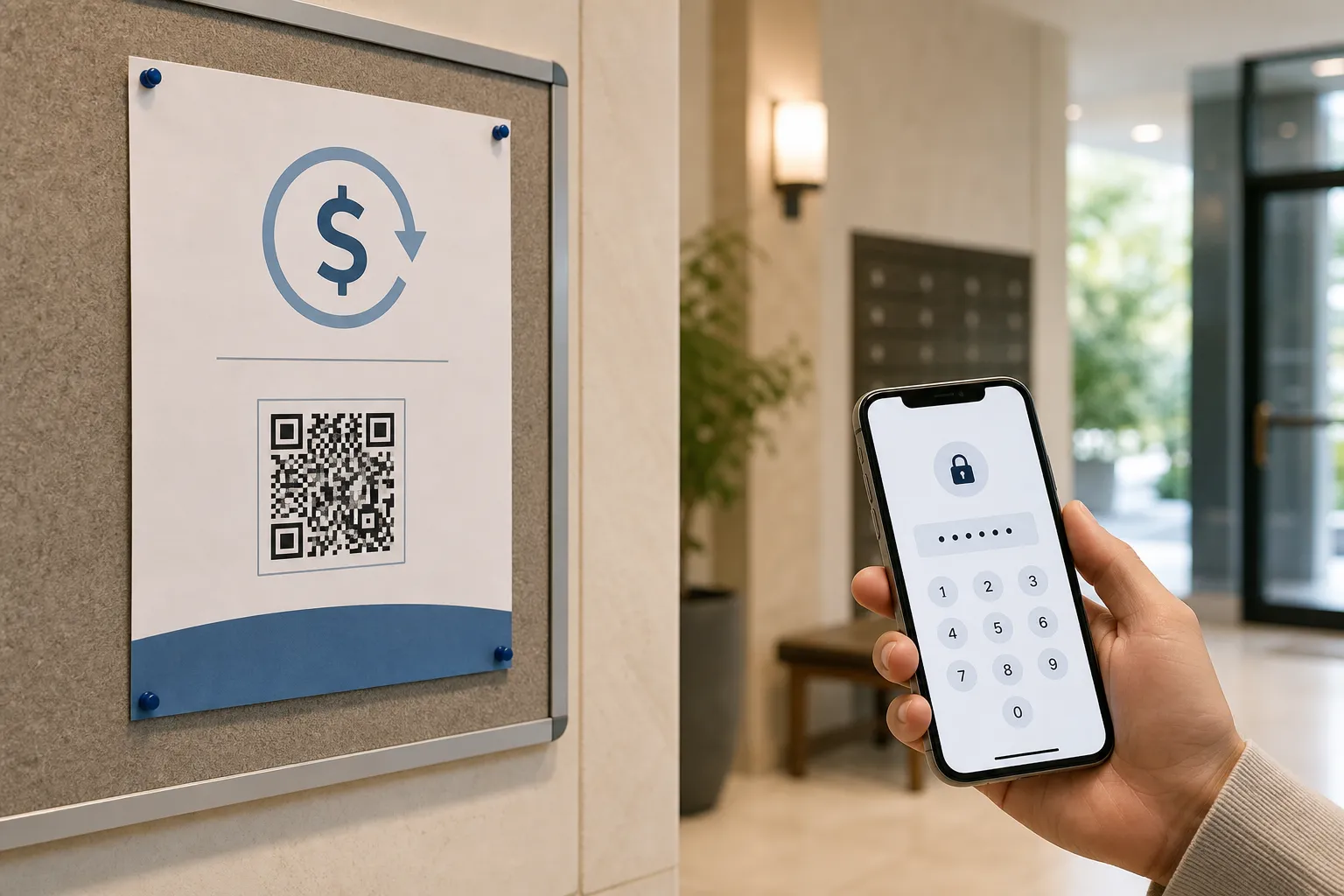 A lobby refund flyer next to a phone showing a mismatched domain and a password prompt.
