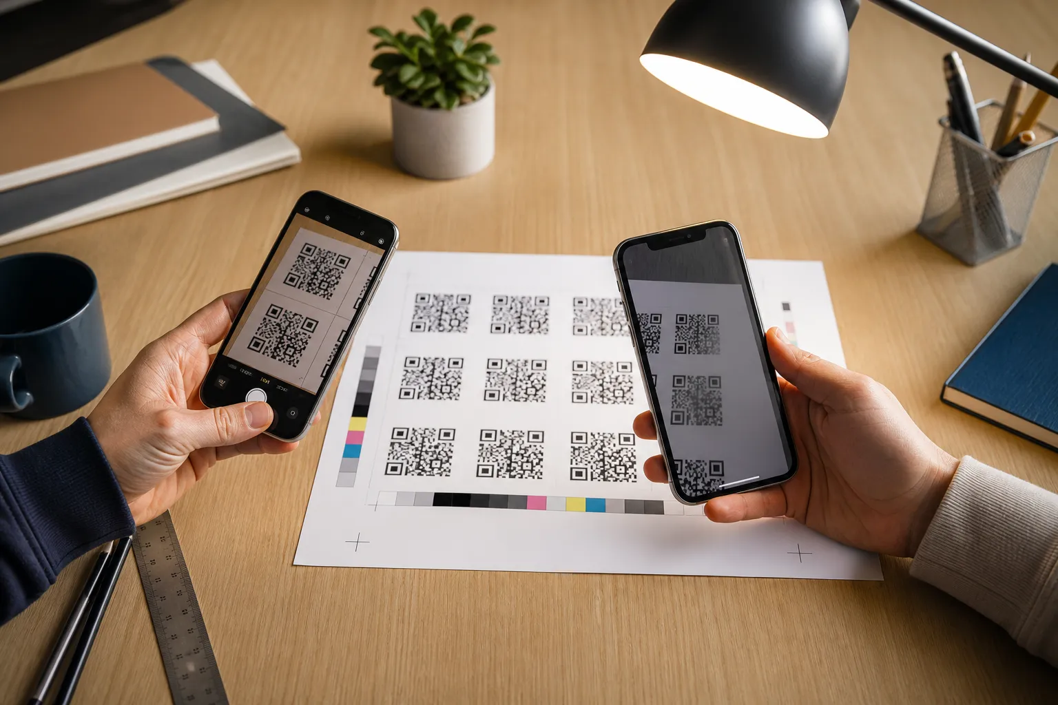 A printed QR proof on a desk beside two phones mid-scan under a bright work lamp.