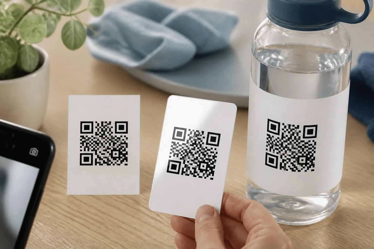 A printed QR proof shown on paper, glossy laminate, and a curved bottle to test different materials.