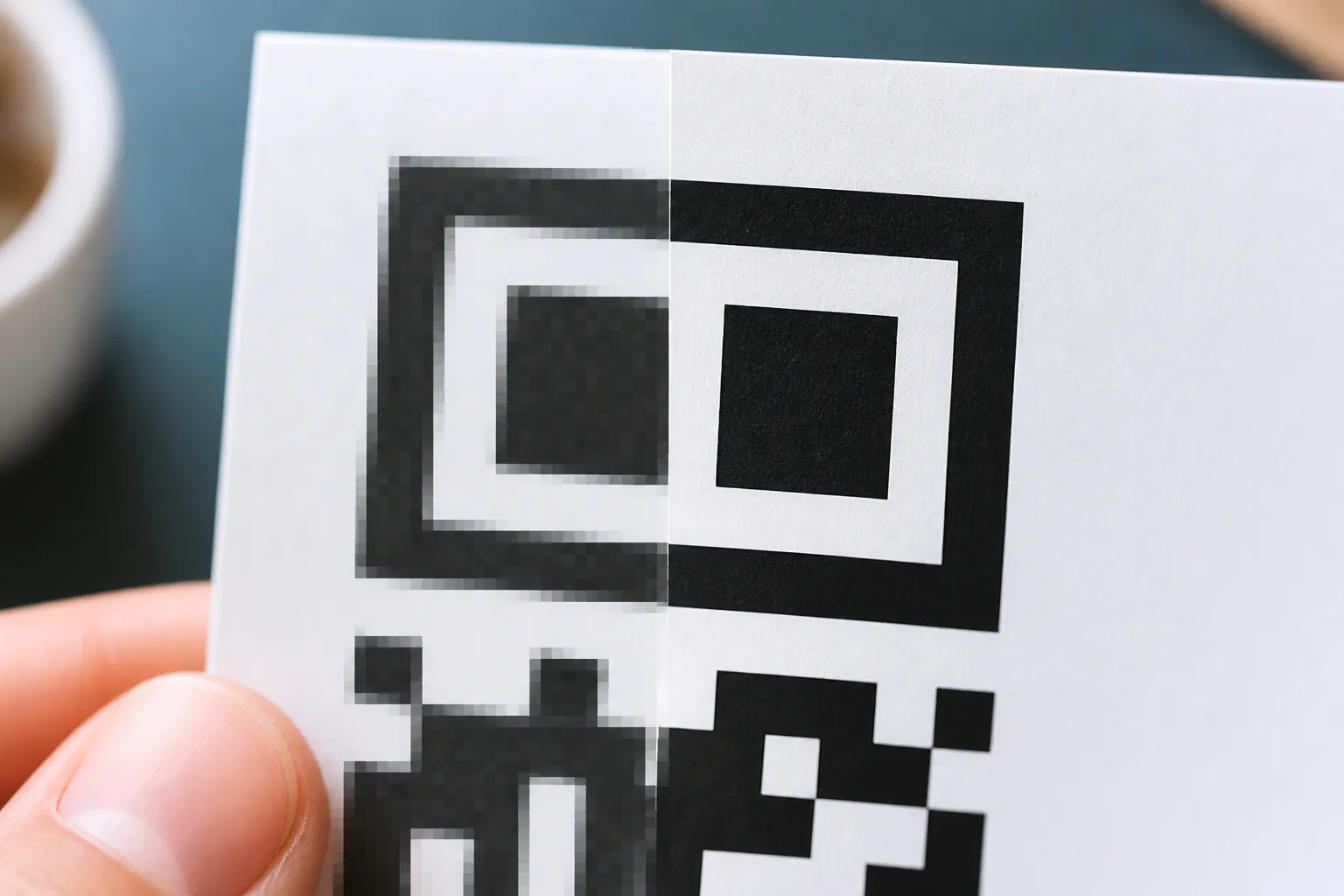 A split close-up of one QR corner, pixelated on the left and crisp vector edges on the right.