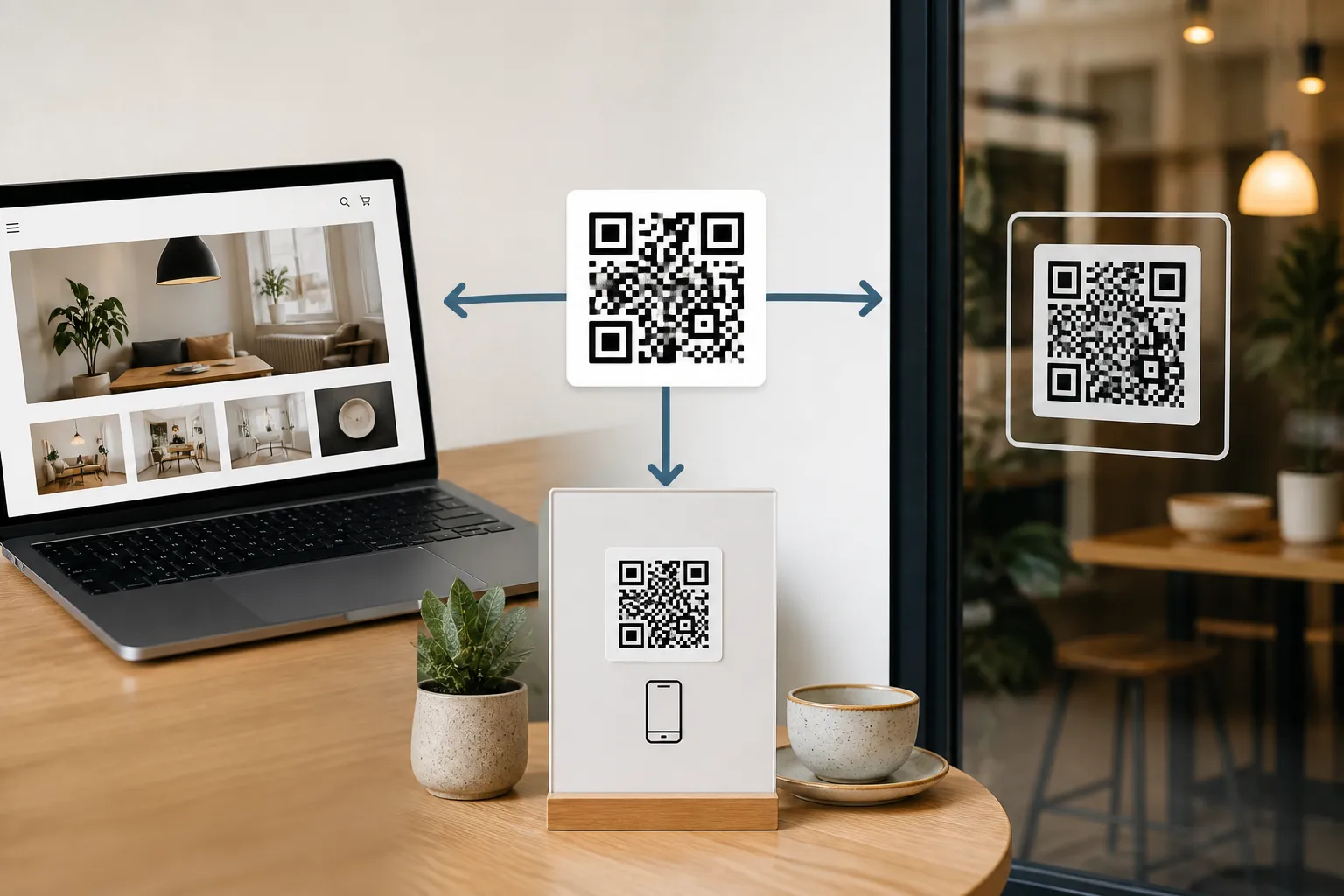 A café using one SVG master to drive a website image, an office table sign, and printed window vinyl.
