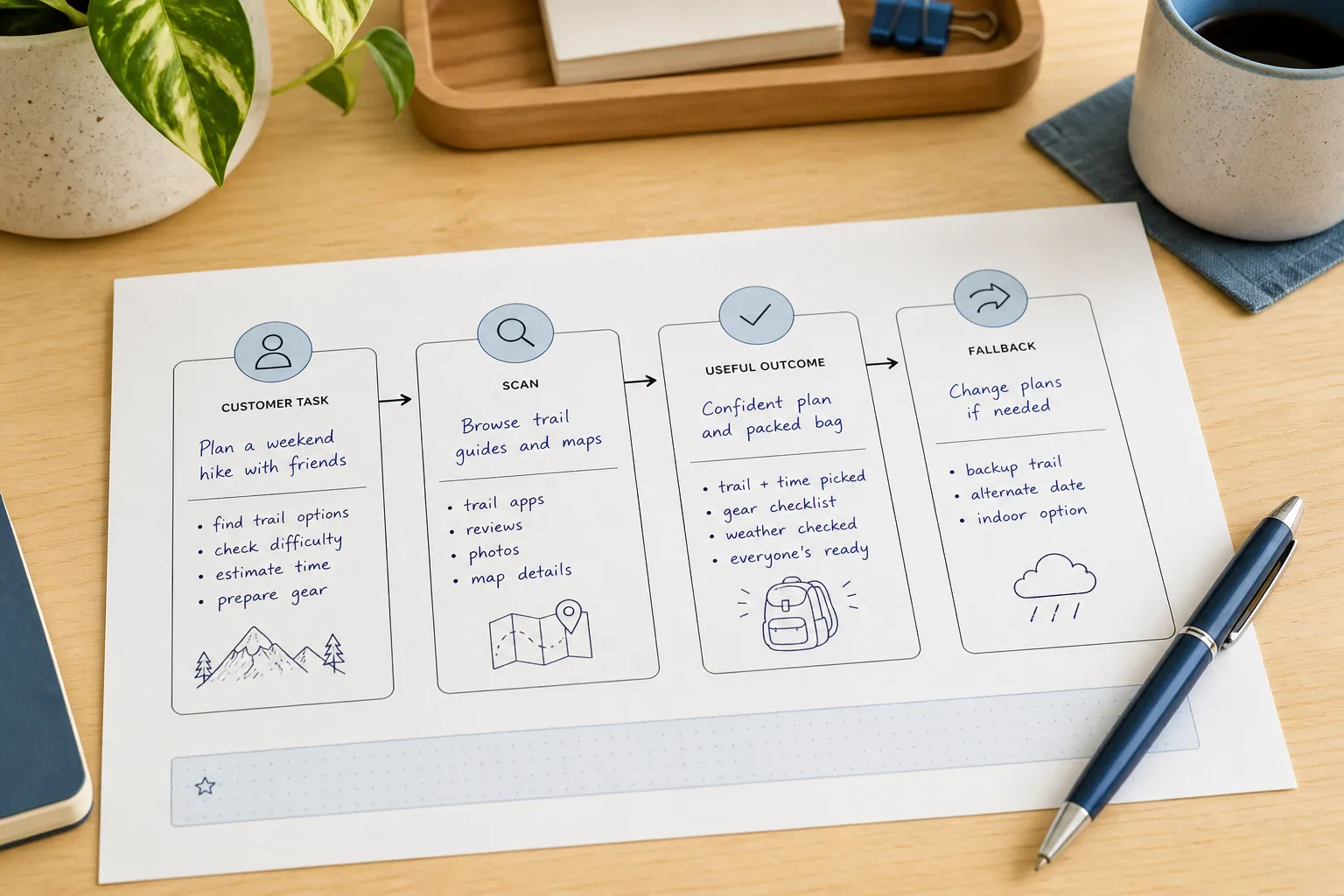 A worksheet mapping a customer task to a scan, a useful outcome, and a printed non-QR fallback.