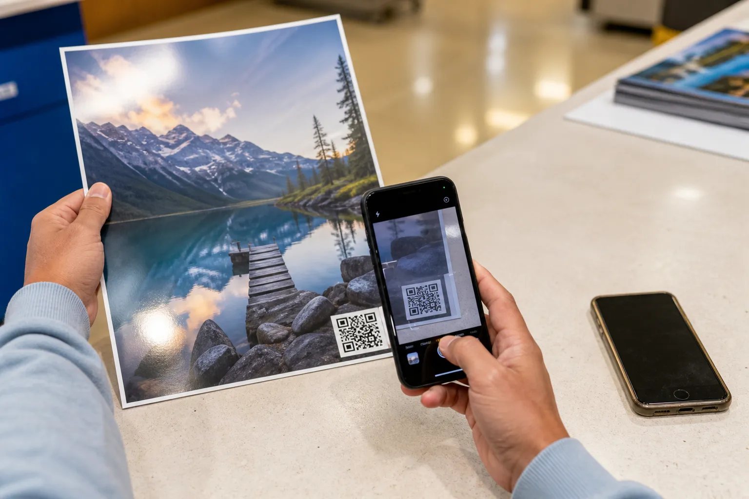 Hands scanning a printed poster proof on gloss stock under bright retail lighting, with an older and a newer phone both being tested.