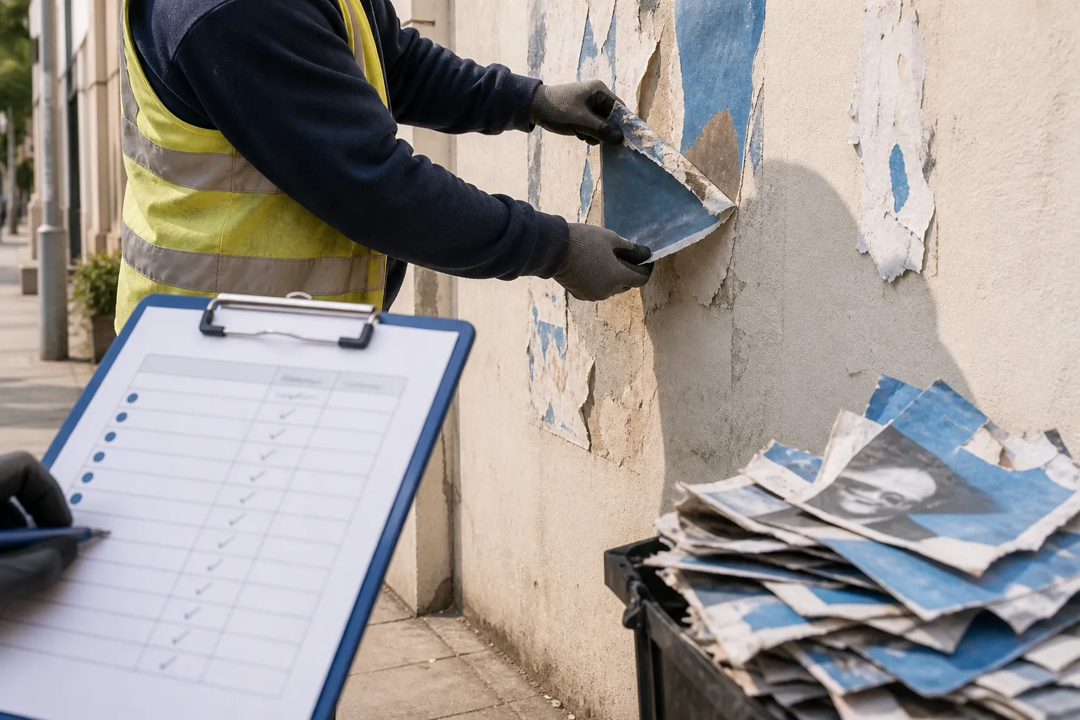 A wall of expired campaign posters being taken down, with a checklist noting removal dates and an archive plan.