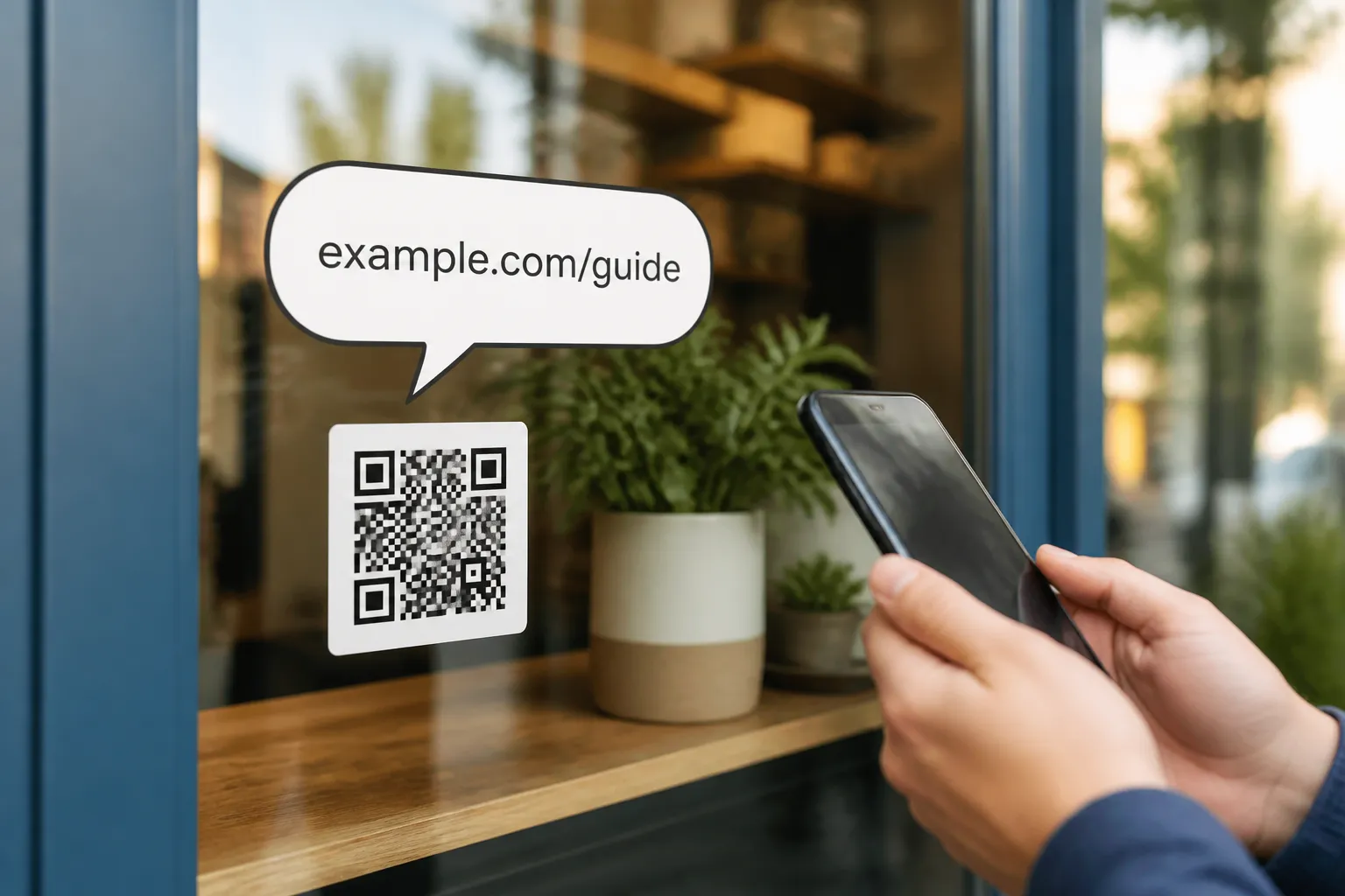 A QR code on a shop window with a speech bubble above it revealing the plain readable web address it contains.