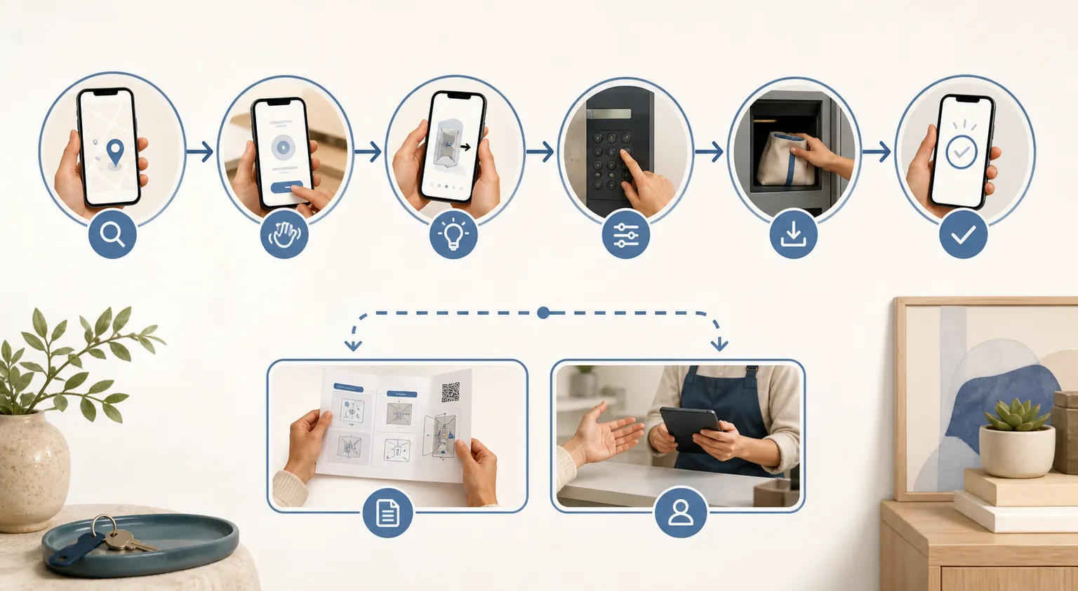 A flow diagram tracing an accessible QR journey from finding the code through reaching it, understanding it, and completing the task, with a printed fallback branch.