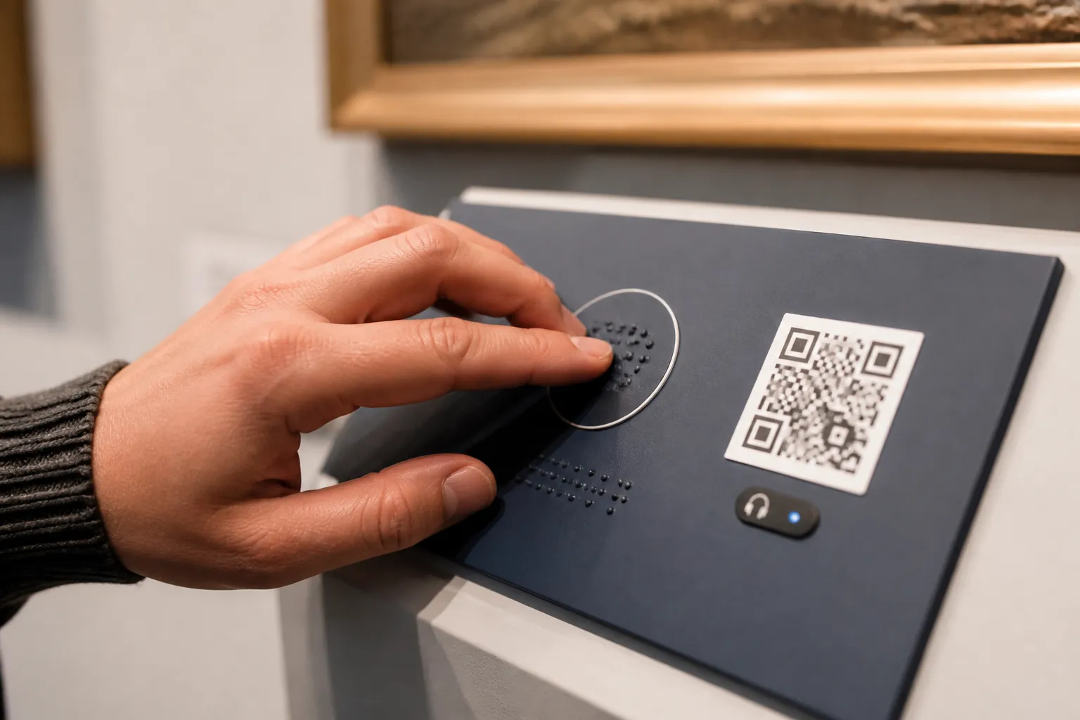 A close-up of a raised tactile locator marker beside a labelled QR code being found by touch.