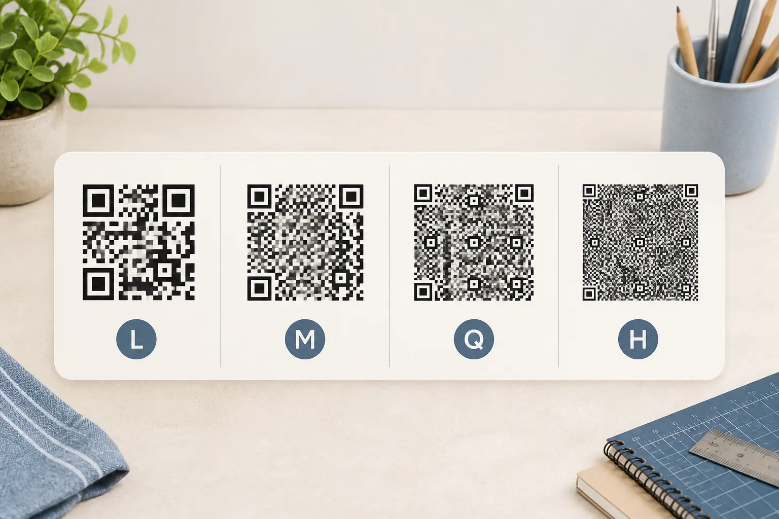 Four versions of one QR code side by side, growing denser from level L to level H.