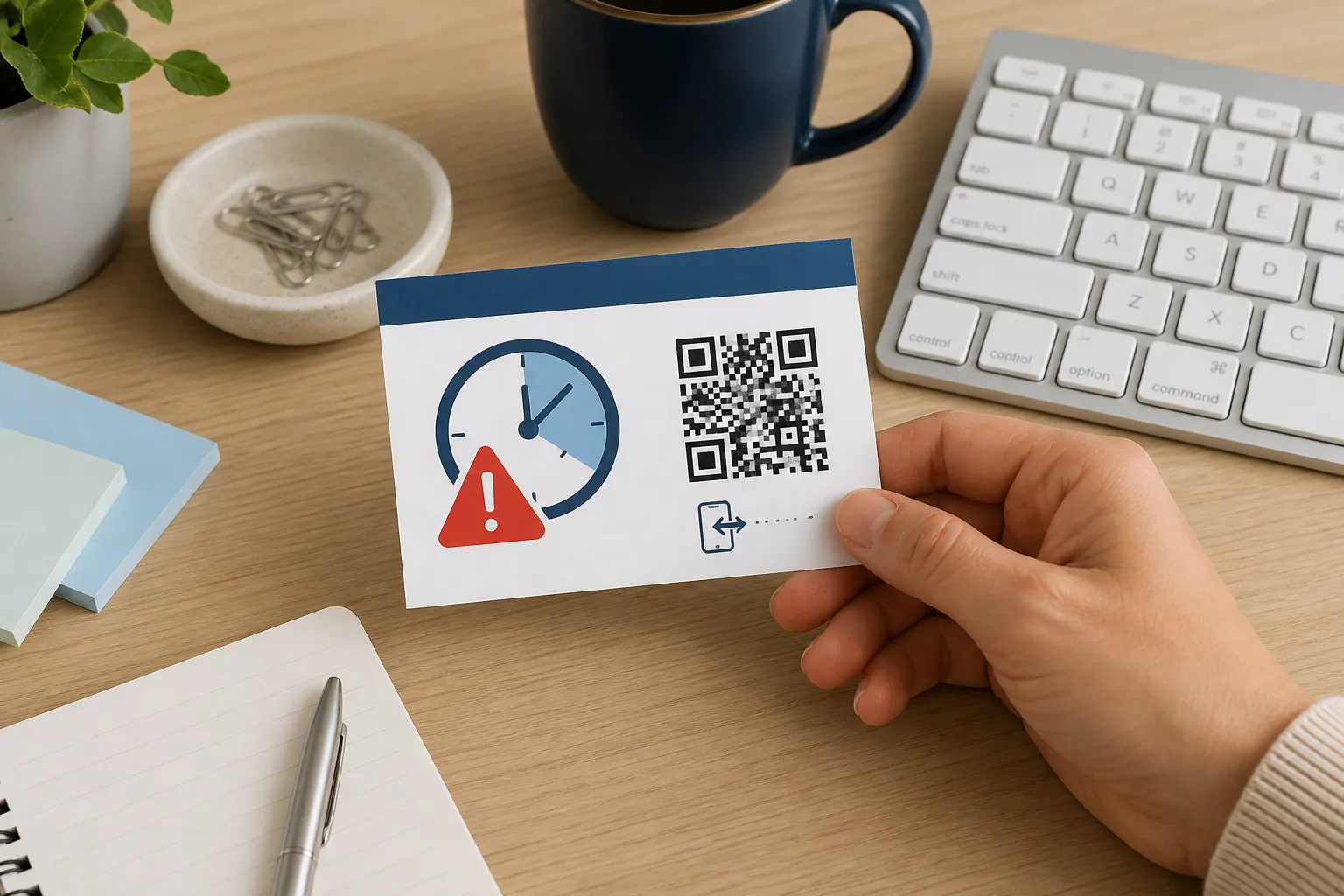An official-looking printed card on an office desk urging staff to scan a QR code to keep their payroll active.