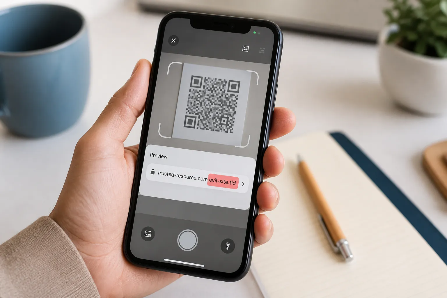A phone showing a QR preview banner where a familiar brand name sits at the front of the link but an unrelated registered domain sits at the end.