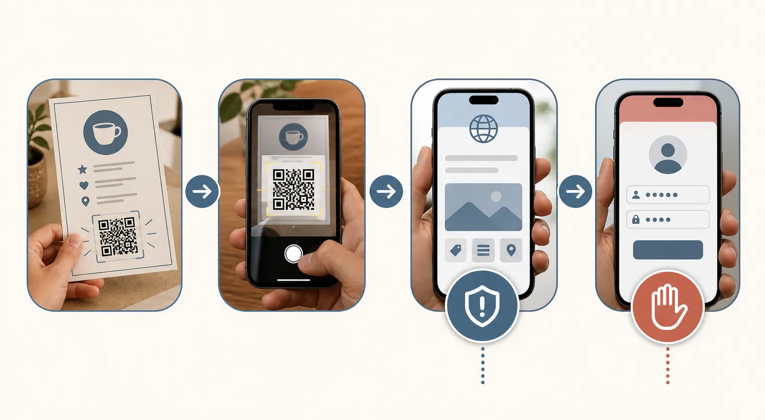 A branching diagram tracing a phishing attempt from a trusted physical context through the QR preview to a deceptive page, with interruption points marked at the preview and the login prompt.