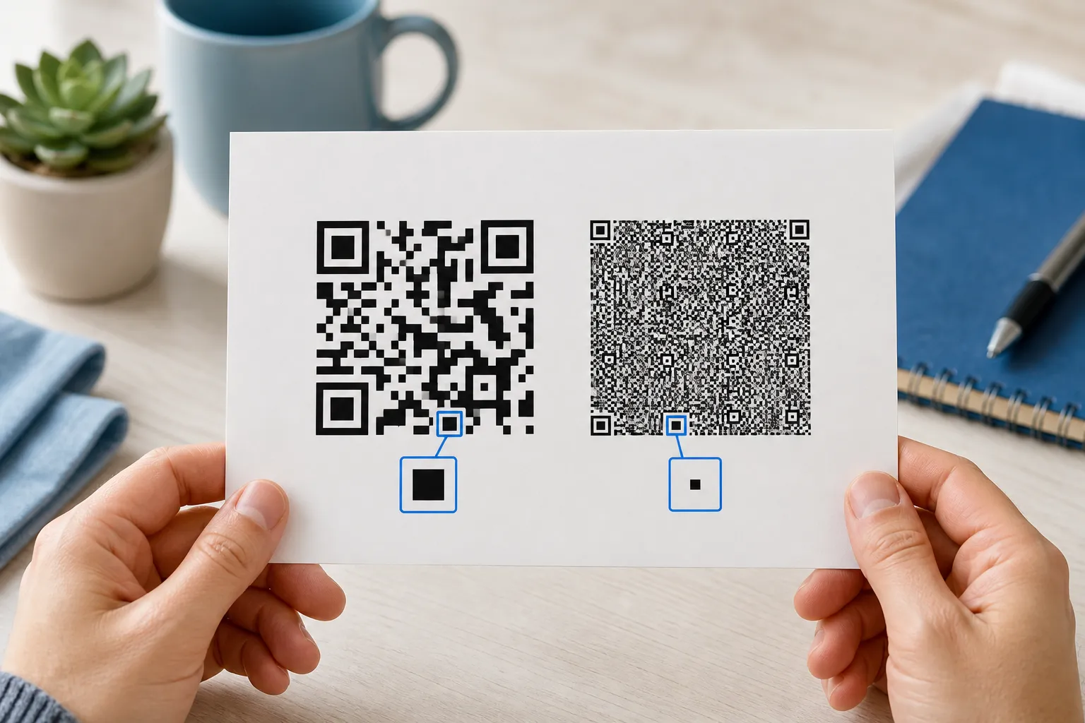 A comparison of a sparse low-density QR code beside a dense high-density one at the same physical width, with the module squares highlighted.