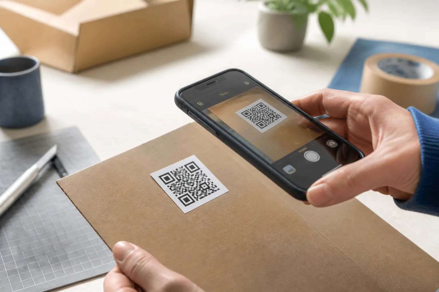 A printed proof of a QR code lying on the actual packaging stock it will ship on, next to a phone mid-scan under plain light.