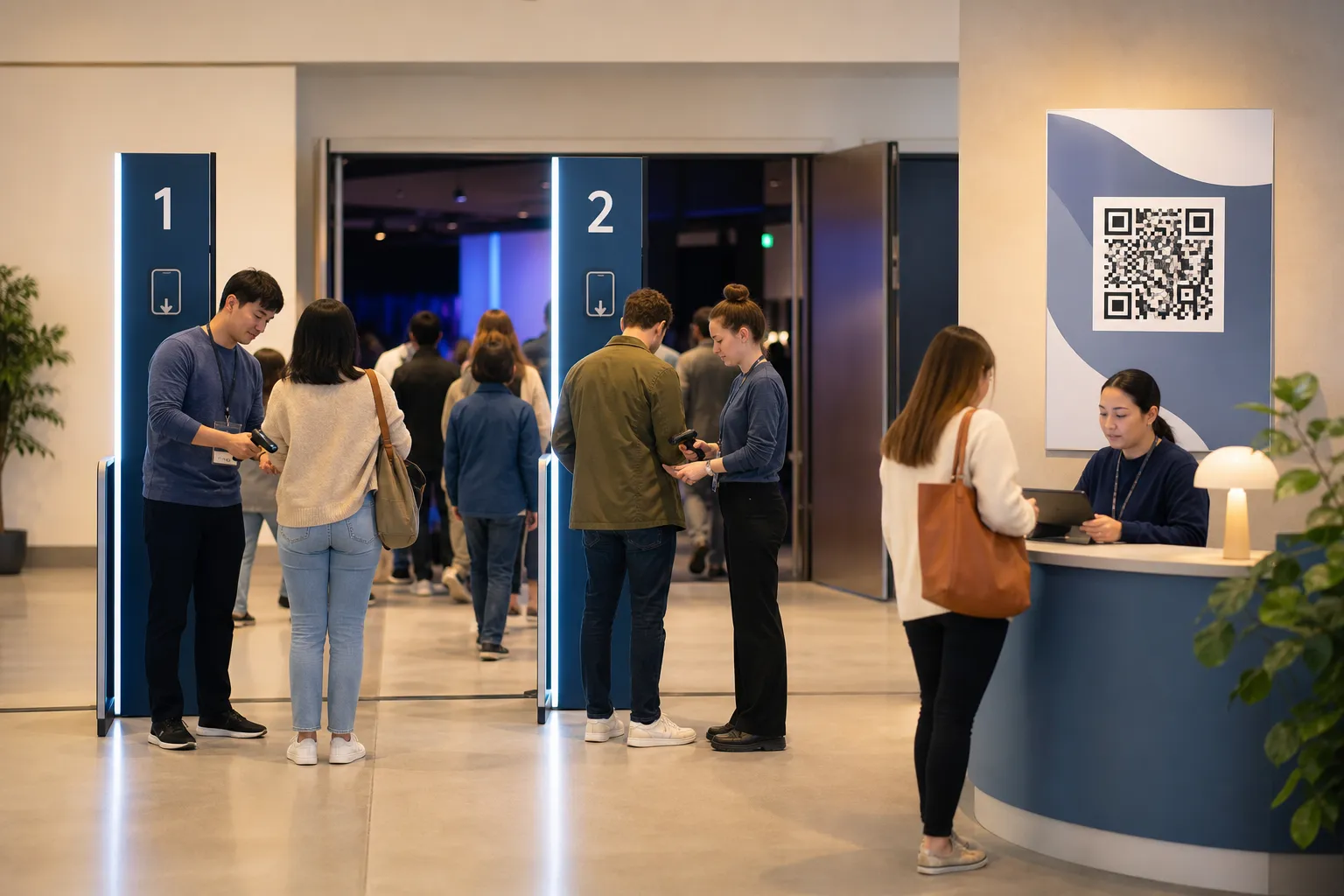 A venue entrance with two scanning lanes and a staffed name-lookup desk beside a poster carrying a public schedule QR code.