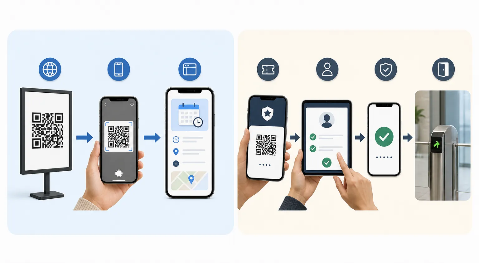 Two clearly separated flows side by side: a public schedule QR with an open fallback, and a protected admission token with staff verification.