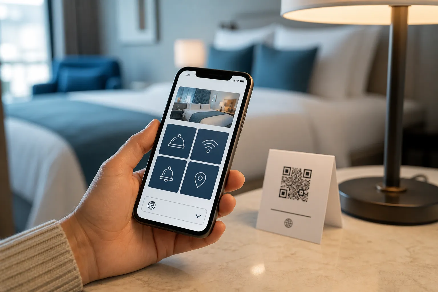 A guest scanning a bedside QR card with a phone that shows a clean, accessible mobile guest guide with a language selector.