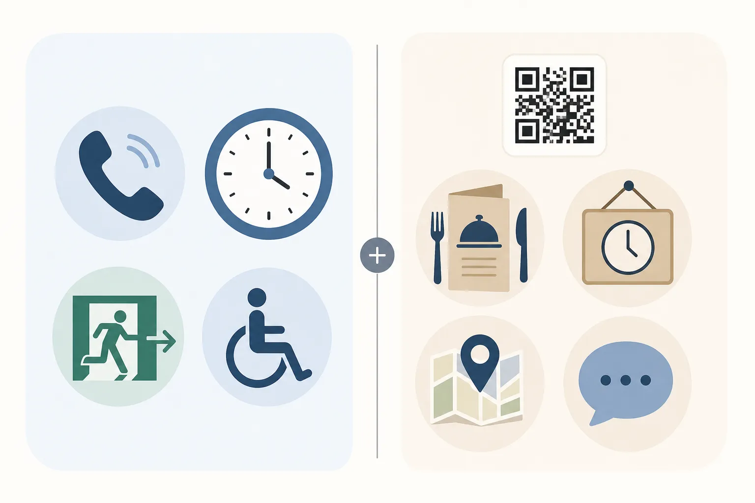 A flat infographic separating always-visible room essentials from optional QR-expanded content such as menus, hours, and local tips.