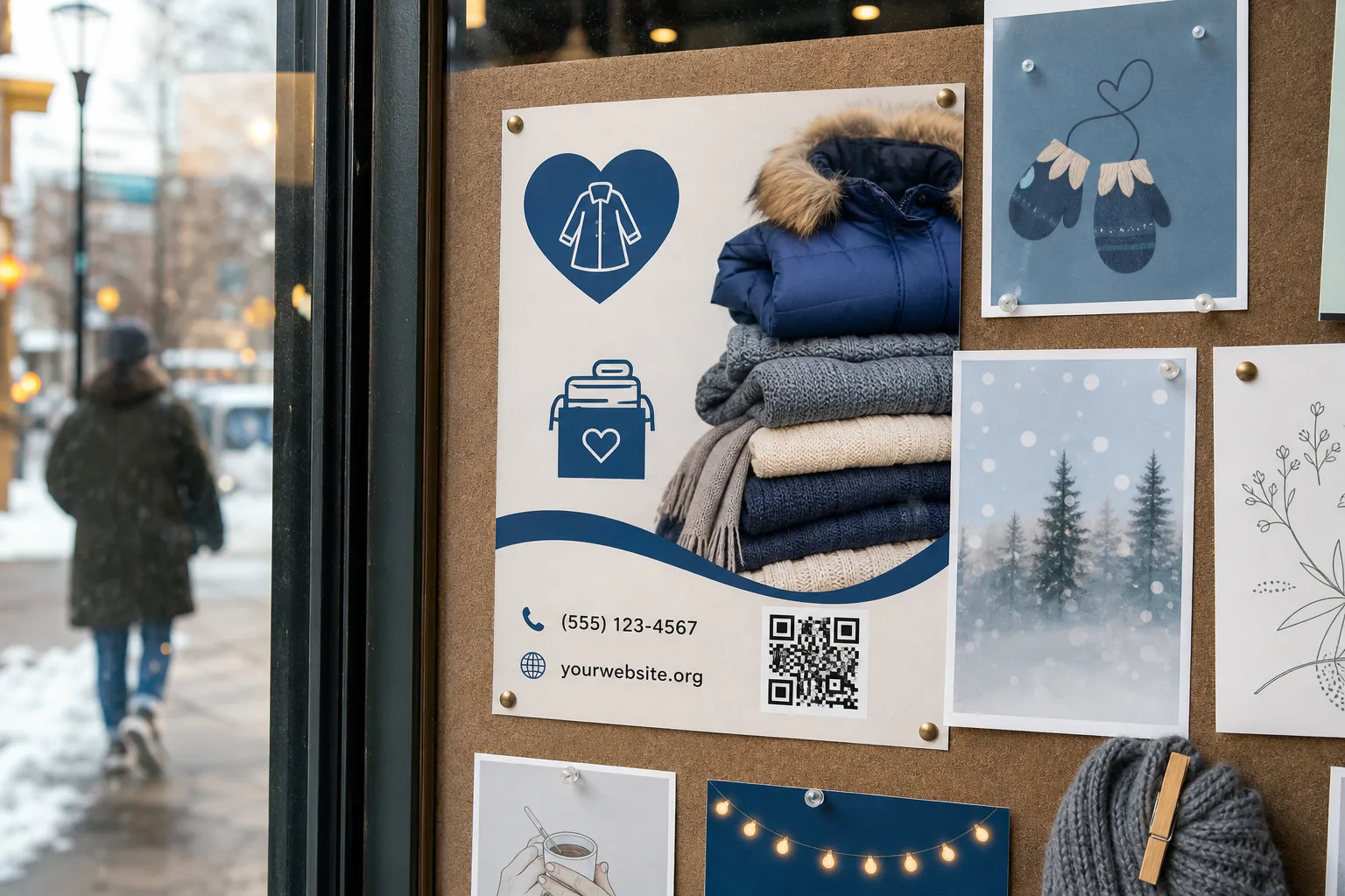 A community fundraising poster on a noticeboard with a labelled QR code and a printed fallback phone number.