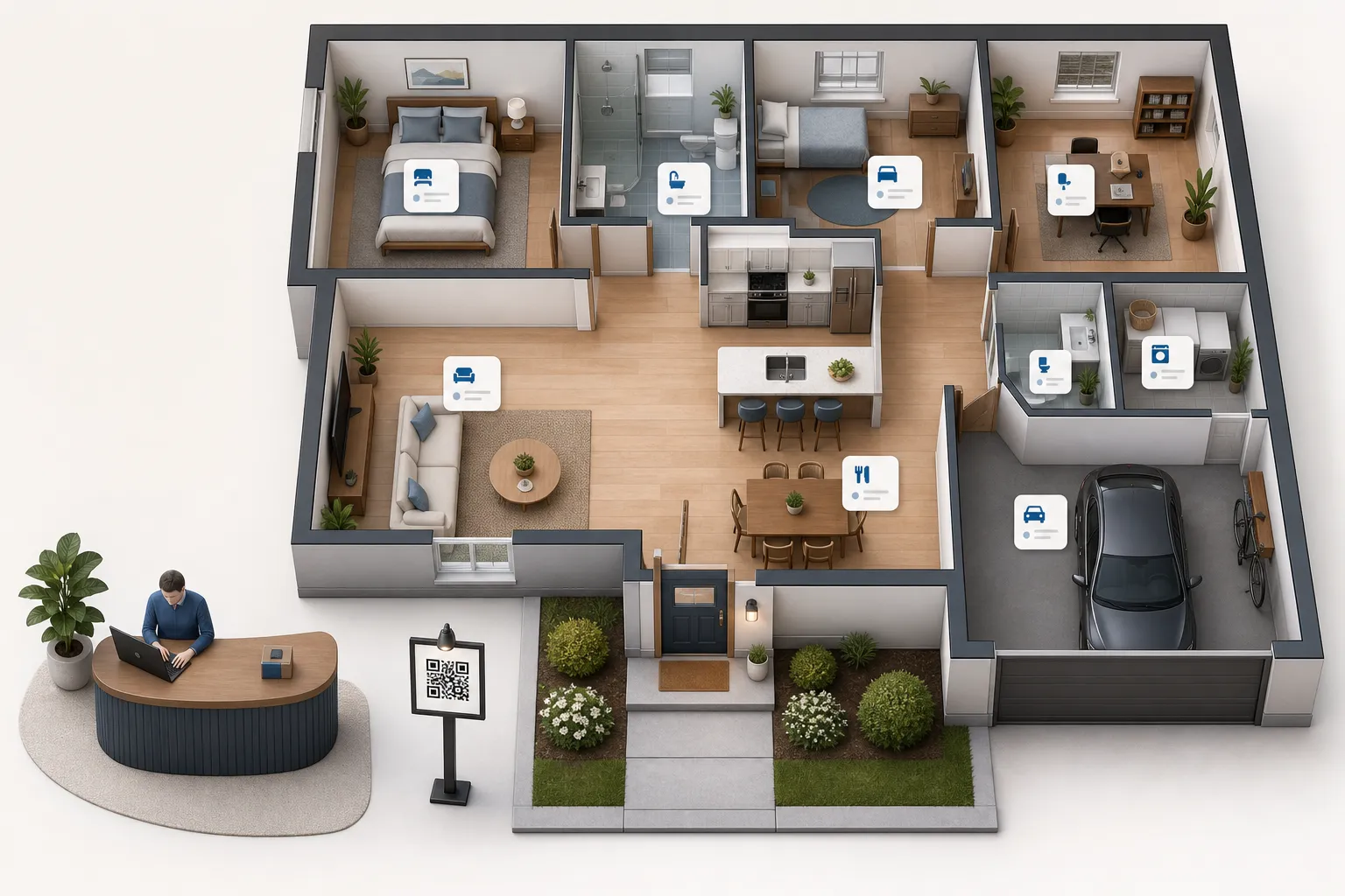 A simple floor plan marking a single exterior sign code, interior room information cards, and a separate staffed visitor registration desk.