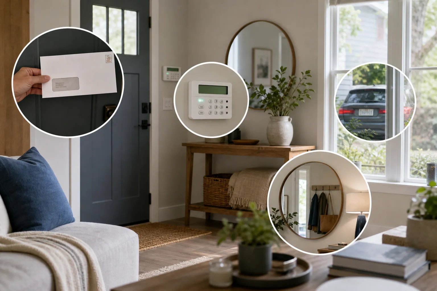 A close review of a listing photo with callouts flagging a name on mail, a visible alarm panel, a car number plate, and a mirror reflection.
