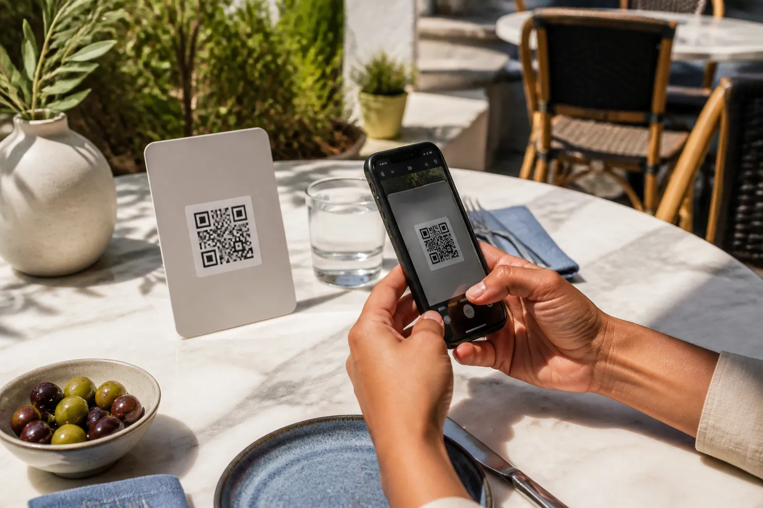 A guest at a sunlit patio table scanning a large matte QR card that reads cleanly despite the bright light.