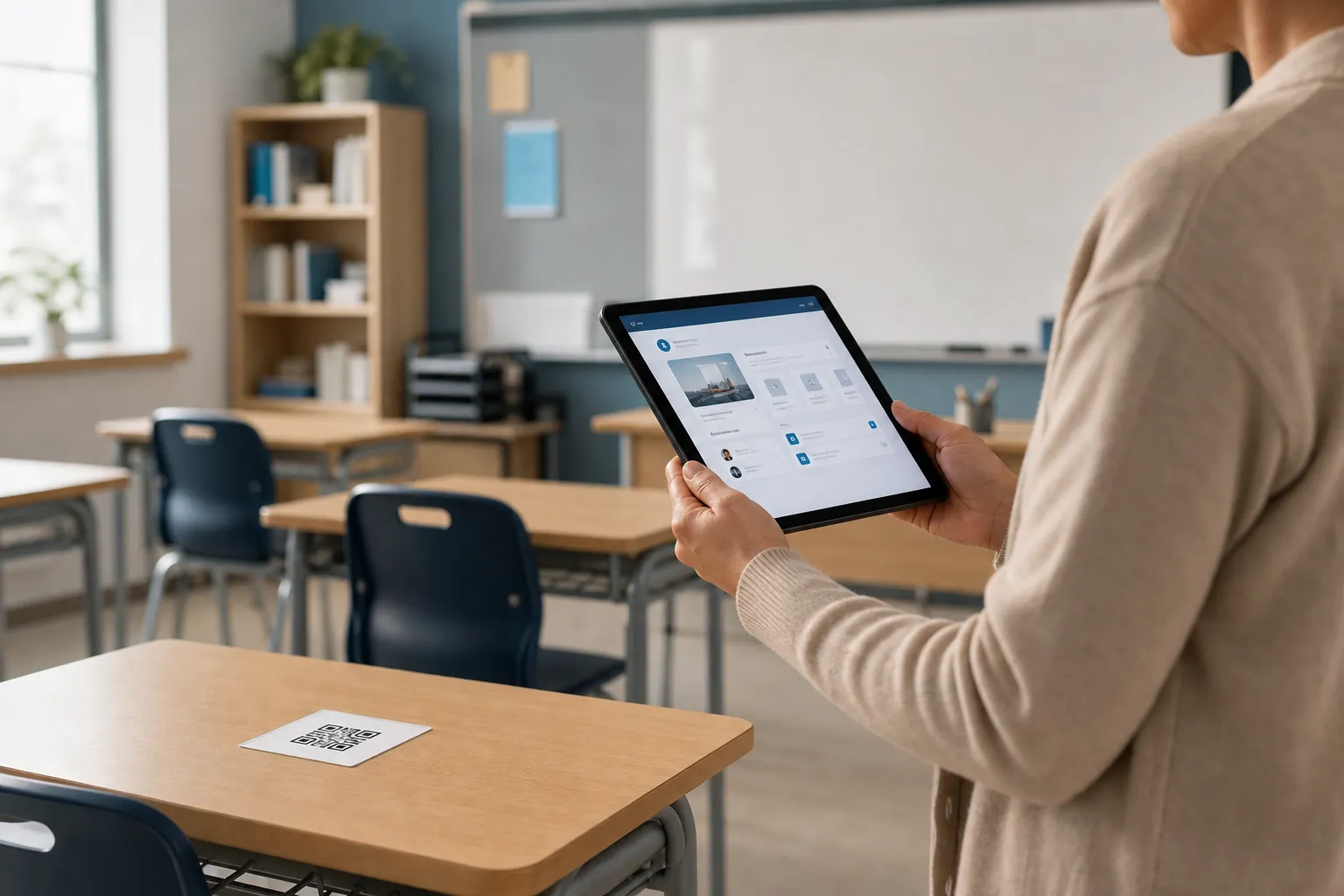 A teacher previewing a QR destination on a school tablet, checking for adverts, trackers, external links, and comment sections before a lesson.