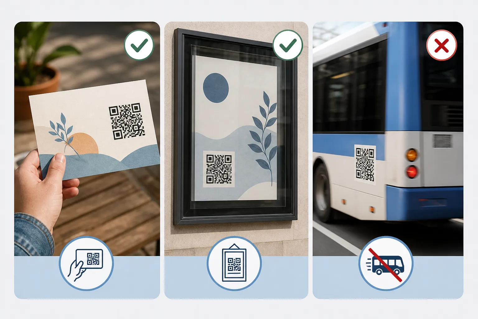A comparison of scan surfaces - a handheld postcard, a wall poster behind glass, and a moving vehicle - marking which placements are safe to scan.