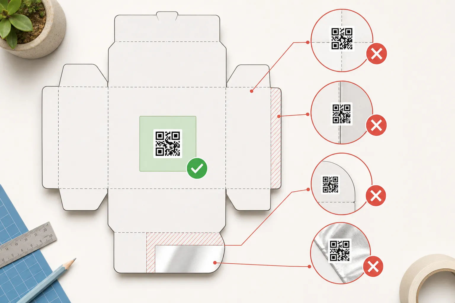 A packaging dieline diagram marking safe QR placement on a flat panel and crossed-out unsafe spots across a fold, a seam, a curve, and a foil area.