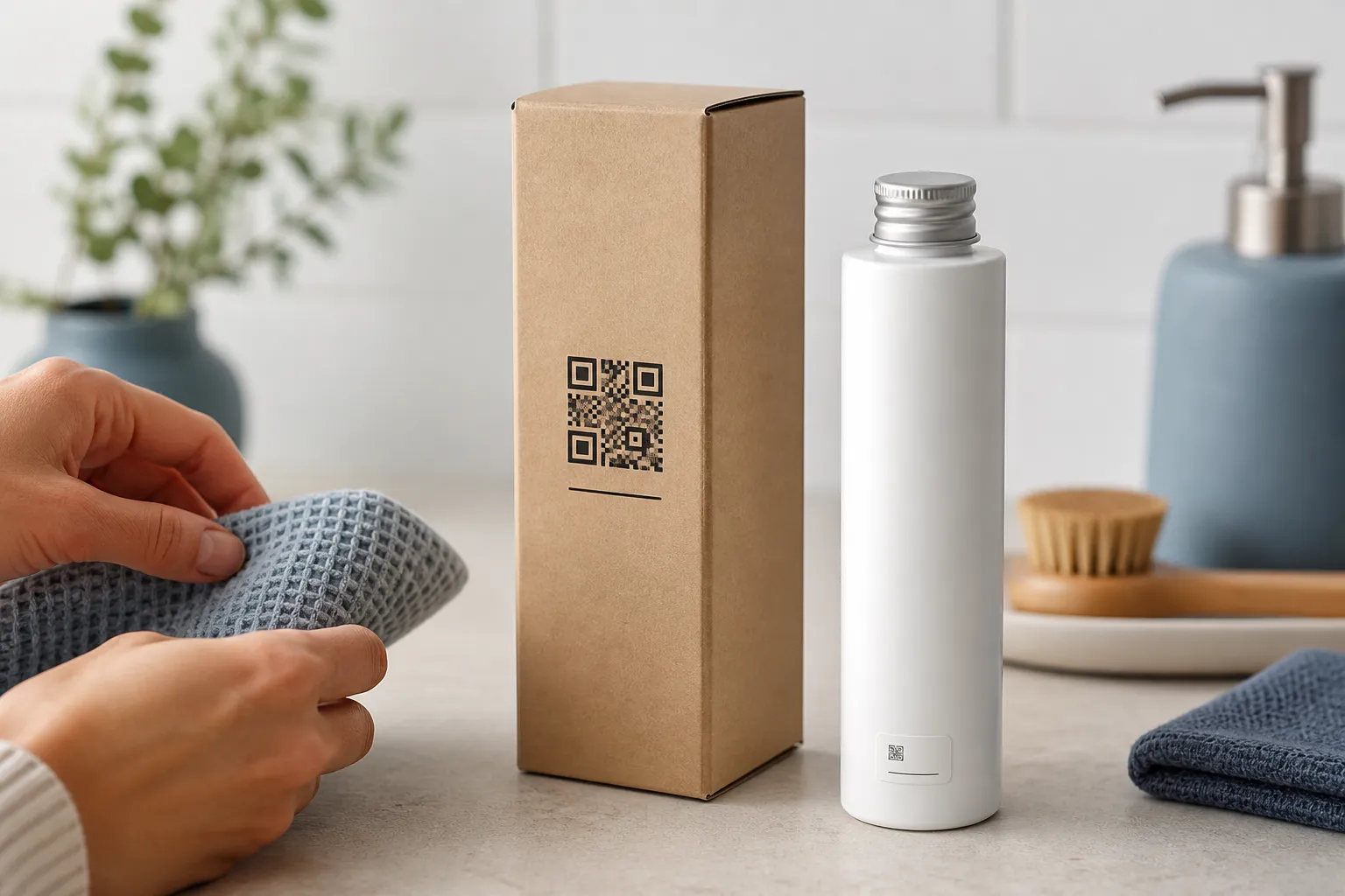 A cylindrical refill bottle beside a flat-panelled carton, the carton showing a crisp QR code with a short domain printed beneath.