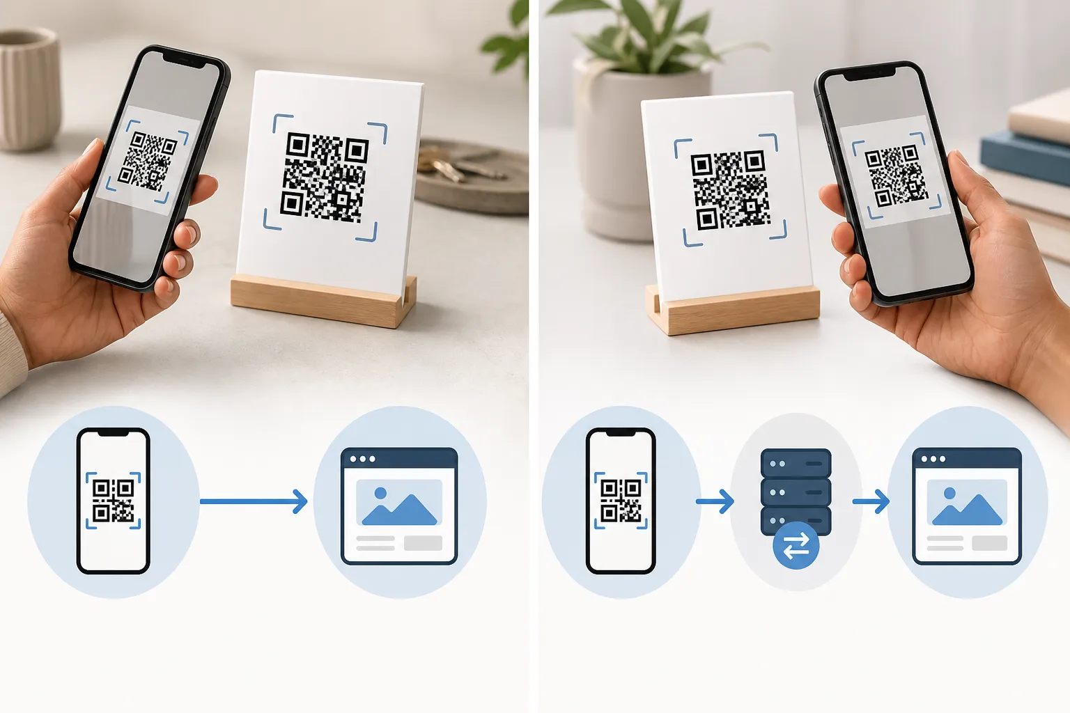 Two side-by-side scan flows, one reaching an owned page directly and one passing through a redirect service first.