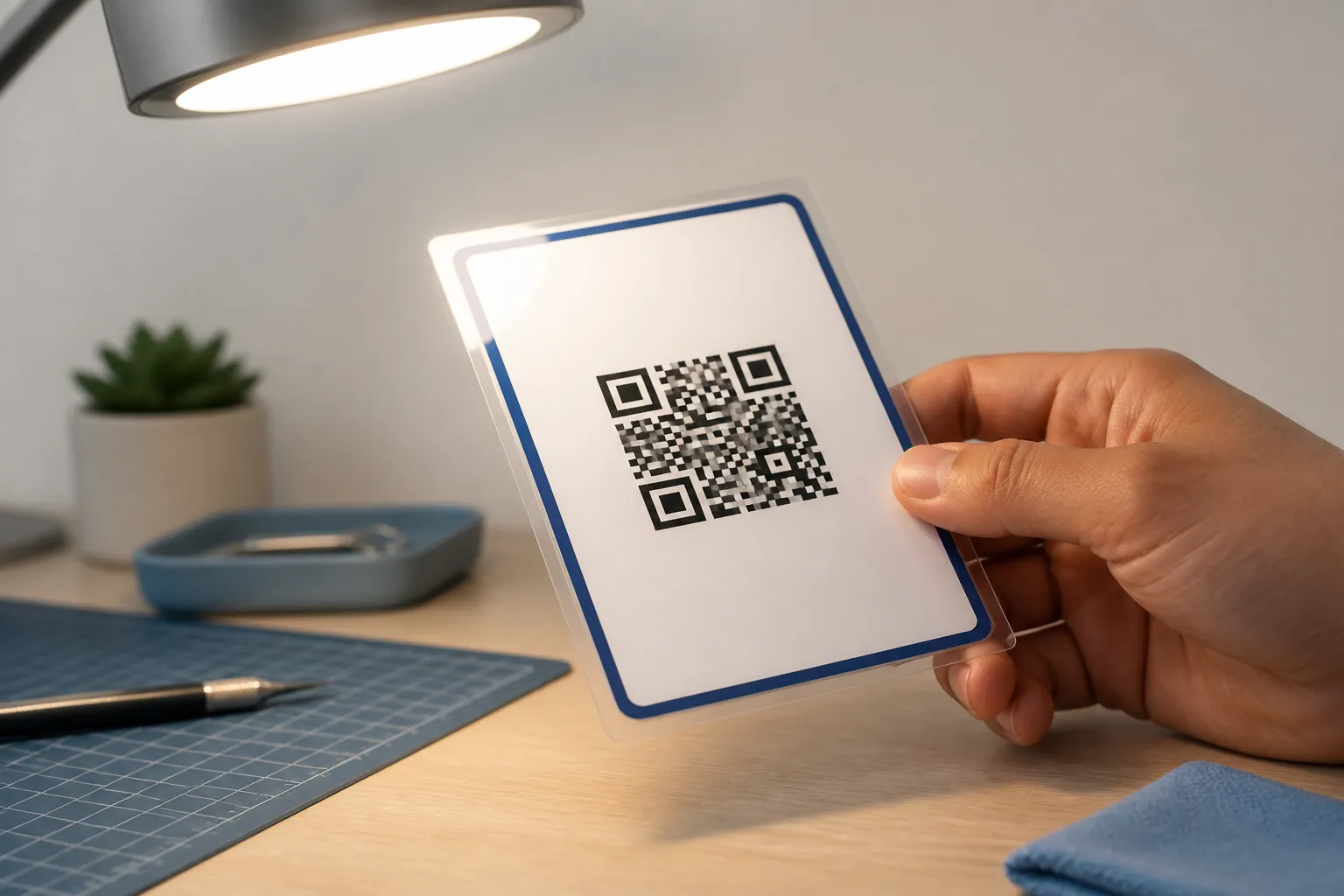 A hand tilting a laminated card away from an overhead spotlight so the reflection slides off the QR code.